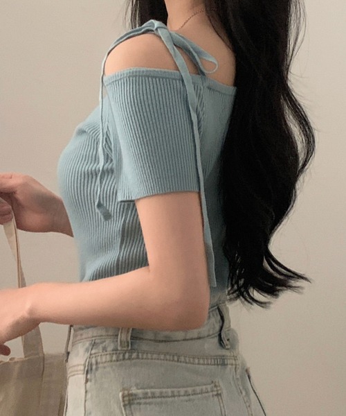 Teem Store(チームストア)の「リボンワンショルダー半袖リブニットT ボーダー 無地(Tシャツ/カットソー・レディース・ネイビー/その他1/その他2/ピンク/サックスブルー/アイボリー・F)」の21枚目の写真