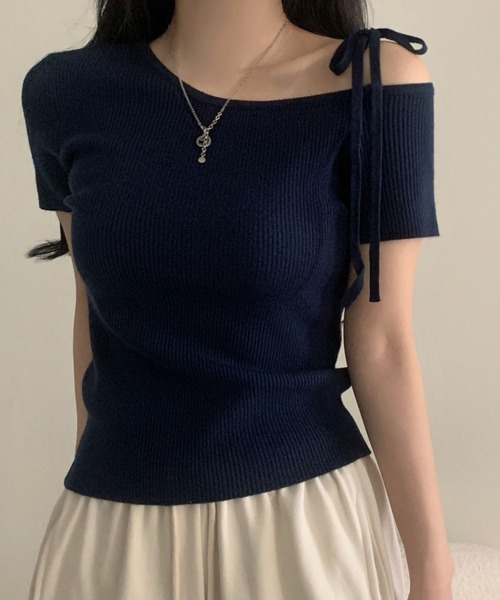 Teem Store(チームストア)の「リボンワンショルダー半袖リブニットT ボーダー 無地(Tシャツ/カットソー・レディース・ネイビー/その他1/その他2/ピンク/サックスブルー/アイボリー・F)」の18枚目の写真