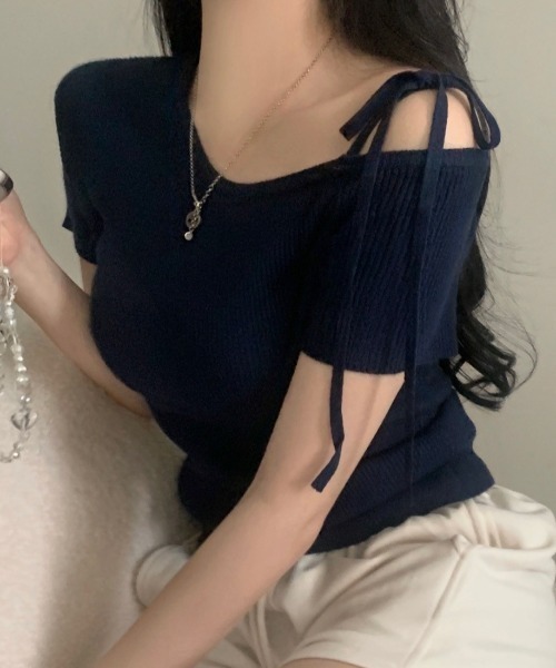 Teem Store(チームストア)の「リボンワンショルダー半袖リブニットT ボーダー 無地(Tシャツ/カットソー・レディース・ネイビー/その他1/その他2/ピンク/サックスブルー/アイボリー・F)」の20枚目の写真