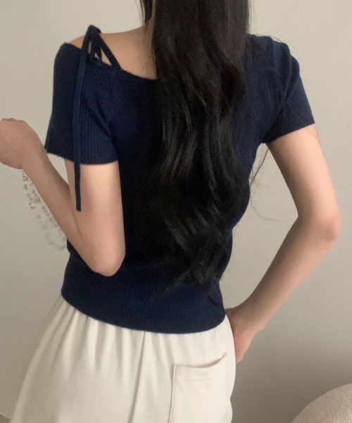 Teem Store(チームストア)の「リボンワンショルダー半袖リブニットT ボーダー 無地(Tシャツ/カットソー・レディース・ネイビー/その他1/その他2/ピンク/サックスブルー/アイボリー・F)」の19枚目の写真