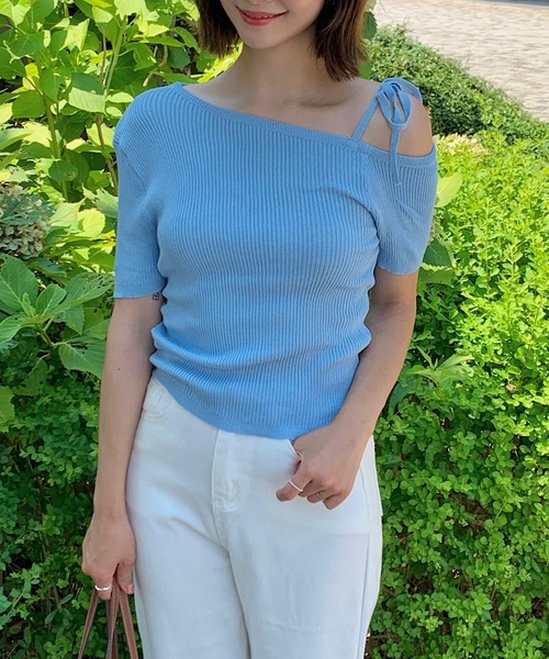 Teem Store(チームストア)の「リボンワンショルダー半袖リブニットT ボーダー 無地(Tシャツ/カットソー・レディース・ネイビー/その他1/その他2/ピンク/サックスブルー/アイボリー・F)」の8枚目の写真