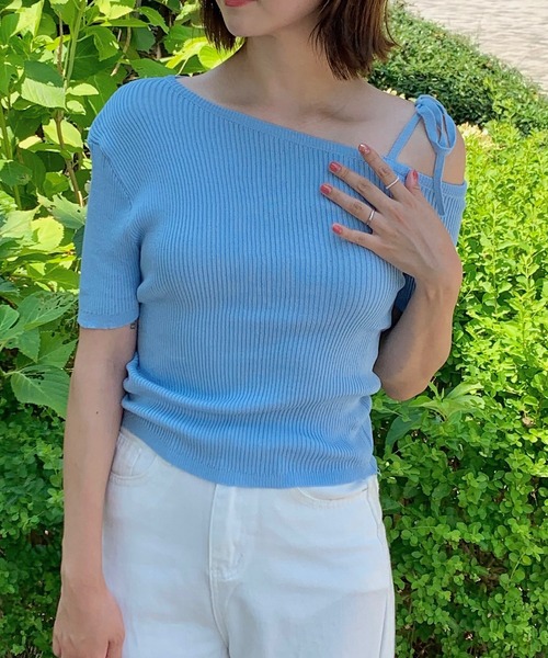 Teem Store(チームストア)の「リボンワンショルダー半袖リブニットT ボーダー 無地(Tシャツ/カットソー・レディース・ネイビー/その他1/その他2/ピンク/サックスブルー/アイボリー・F)」の9枚目の写真