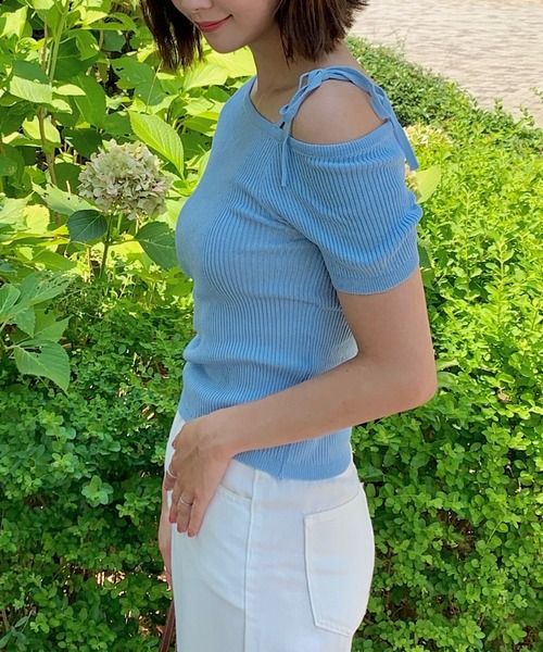 Teem Store(チームストア)の「リボンワンショルダー半袖リブニットT ボーダー 無地(Tシャツ/カットソー・レディース・ネイビー/その他1/その他2/ピンク/サックスブルー/アイボリー・F)」の10枚目の写真