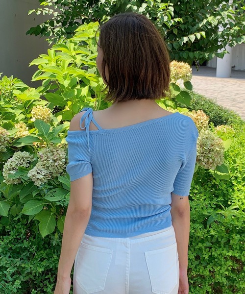 Teem Store(チームストア)の「リボンワンショルダー半袖リブニットT ボーダー 無地(Tシャツ/カットソー・レディース・ネイビー/その他1/その他2/ピンク/サックスブルー/アイボリー・F)」の11枚目の写真