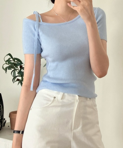 Teem Store(チームストア)の「リボンワンショルダー半袖リブニットT ボーダー 無地(Tシャツ/カットソー・レディース・ネイビー/その他1/その他2/ピンク/サックスブルー/アイボリー・F)」の13枚目の写真