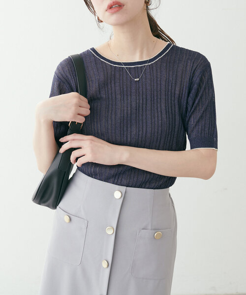 natural couture(ナチュラルクチュール)の「【WEB限定】配色ライン入りランダムリブプルオーバー(ニット/セーター・レディース・サックスブルー/ラベンダー/アイボリー/ネイビー・FREE)」の1枚目の写真