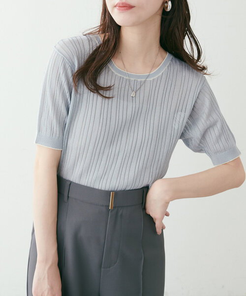 natural couture(ナチュラルクチュール)の「【WEB限定】配色ライン入りランダムリブプルオーバー(ニット/セーター・レディース・サックスブルー/ラベンダー/アイボリー/ネイビー・FREE)」の9枚目の写真