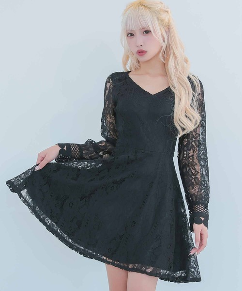 myMinette(マイミネット)の「キャバドレス ミニ フレア 長袖 ハイウエスト切替 総レースドレス(ドレス・レディース・ブラック/ホワイト・MEDIUM)」の2枚目の写真
