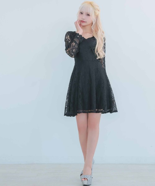 myMinette(マイミネット)の「キャバドレス ミニ フレア 長袖 ハイウエスト切替 総レースドレス(ドレス・レディース・ブラック/ホワイト・MEDIUM)」の3枚目の写真