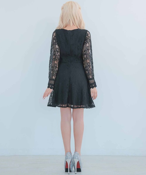 myMinette(マイミネット)の「キャバドレス ミニ フレア 長袖 ハイウエスト切替 総レースドレス(ドレス・レディース・ブラック/ホワイト・MEDIUM)」の8枚目の写真