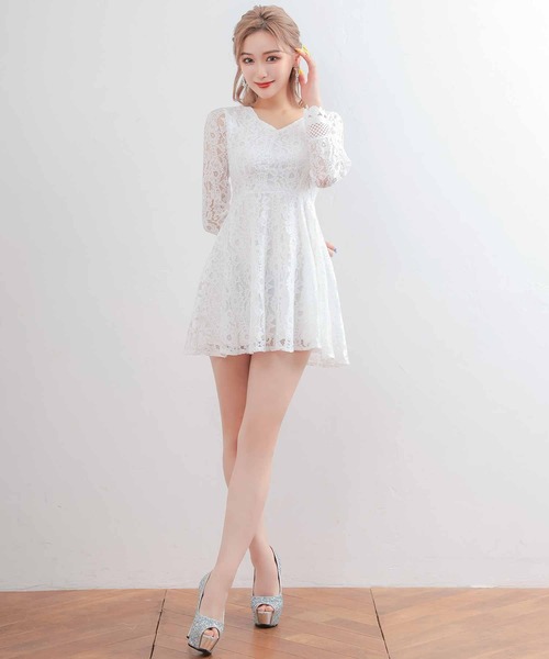 myMinette(マイミネット)の「キャバドレス ミニ フレア 長袖 ハイウエスト切替 総レースドレス(ドレス・レディース・ブラック/ホワイト・MEDIUM)」の11枚目の写真
