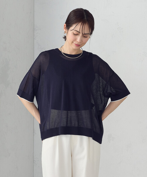 COMME CA ISM(コムサイズム)の「前後2WAY シアー配色ニットT(ニット/セーター・レディース・アイボリー/ネイビー/ブラック・FREE)」の1枚目の写真