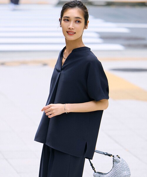 吸水速乾/UVカット/接触冷感ストレッチジョーゼット バンドカラー カットソー 吸水速乾/UVカット/接触冷感】ストレッチジョーゼット バンドカラー