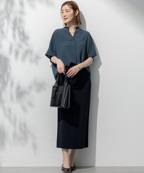 23区 【接触冷感】ストレッチジョーゼット バンドカラー カットソー 38 今期 吸水速乾/UVカット/接触冷感】ストレッチジョーゼット バンド