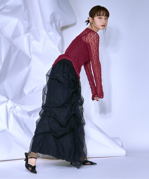 Ezick（エジック）の「Volume tuck チュールスカート（スカート・レディース・ブラック/オフホワイト・FREE）」の5枚目の写真