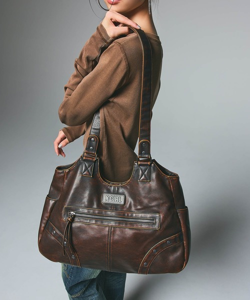 X-girl(エックスガール)の「METAL LABEL FAUX LEATHER BAG(ハンドバッグ・レディース・ブラック/ブラウン・ONE SIZE)」の1枚目の写真