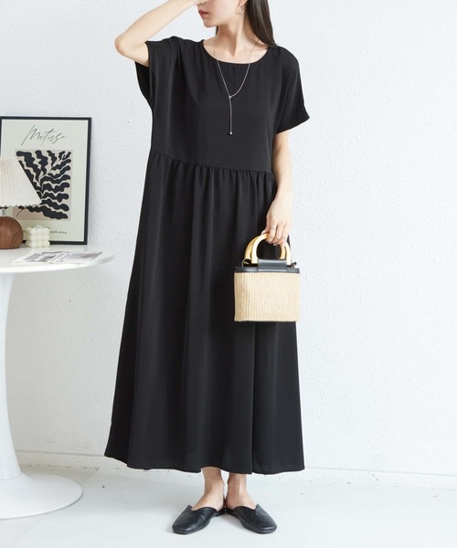 MAISON DE THERESE(メゾン ド テレーズ)の「半袖ルーズシルエットギャザーロングワンピース(ワンピース・レディース・ブラック/ベージュ・FREE)」の8枚目の写真