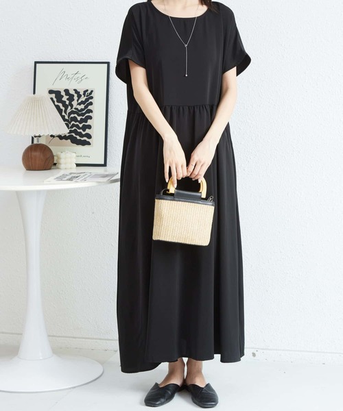 MAISON DE THERESE(メゾン ド テレーズ)の「半袖ルーズシルエットギャザーロングワンピース(ワンピース・レディース・ブラック/ベージュ・FREE)」の9枚目の写真