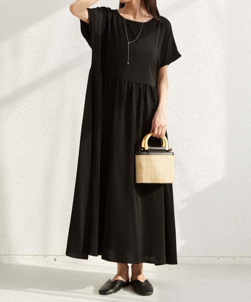 MAISON DE THERESE(メゾン ド テレーズ)の「半袖ルーズシルエットギャザーロングワンピース(ワンピース・レディース・ブラック/ベージュ・FREE)」の6枚目の写真