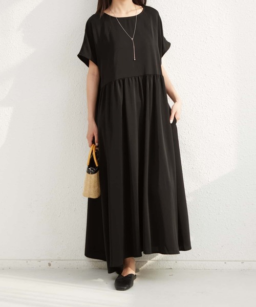 MAISON DE THERESE(メゾン ド テレーズ)の「半袖ルーズシルエットギャザーロングワンピース(ワンピース・レディース・ブラック/ベージュ・FREE)」の4枚目の写真