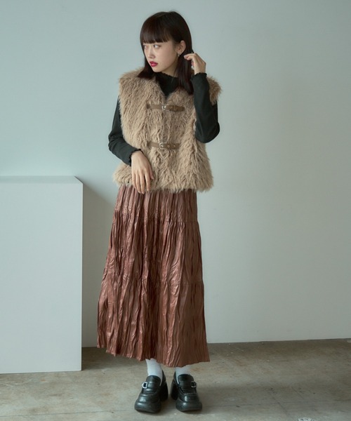 BLANK (ブランク)の「▲Metallic Washer Pleated Skirt / メタリックワッシャープリーツロングスカート(スカート・レディース・ブラウン/レッド/ブラック/カーキ・FREE)」の14枚目の写真