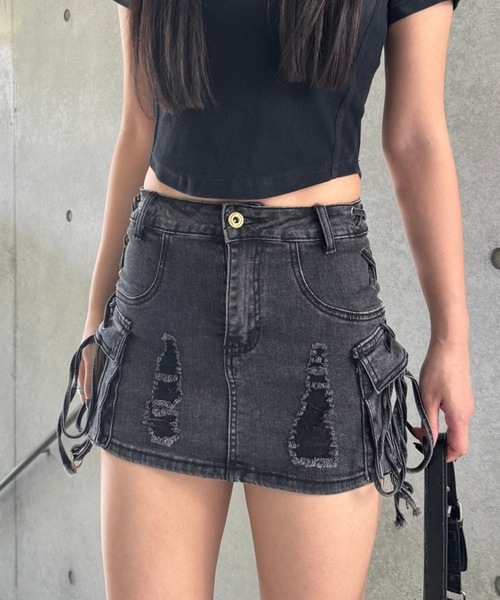 KsG（ケーエスジー）の「string cargo denim skirt（スカート・レディース・ブルー/ブラック/カーキ・SMALL/MEDIUM）」の2枚目の写真