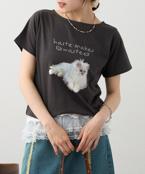 セール】ラインストーンキャットロゴTee（Tシャツ/カットソー