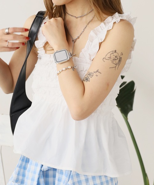 ROOPTOKYO(ループトウキョウ)の「Ruffle Shirring Cami Top / フリルシャーリング キャミトップス 秋物 秋服 2026年秋冬(キャミソール・レディース・ホワイト/グリーン/ネイビー・FREE)」の2枚目の写真