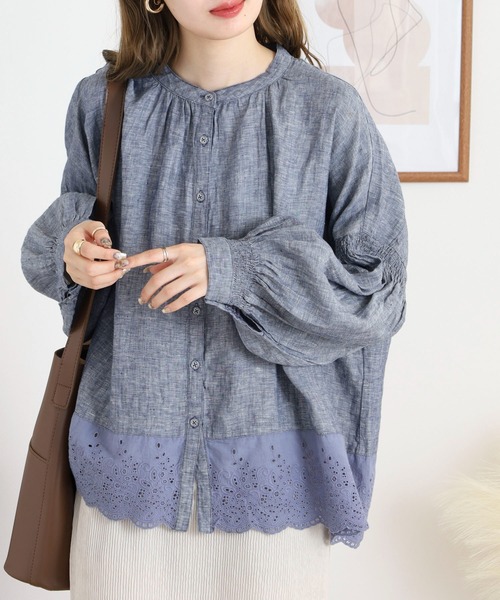 リネン 裾切替刺繍レースシャーリングふんわり袖包み釦ブラウス