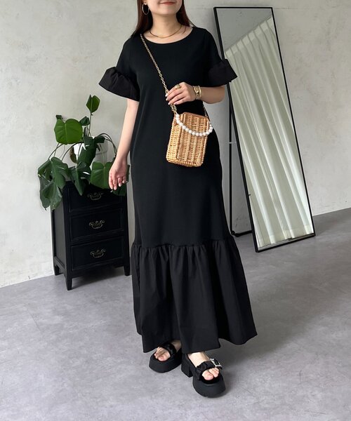 マーレット　美品☆２way 黒フリル袖ワンピース リランドチュール Rirandture 2WAYフリルワンピース （黒