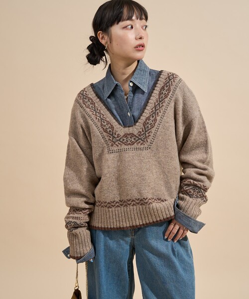 FREAK'S STORE(フリークスストア)の「ウール チロリアン バックリボン Vネックニット/バックシャン ニット(ニット/セーター・レディース・オフホワイト/モカ・フリ-)」の16枚目の写真