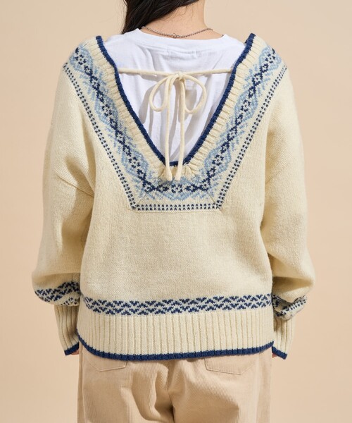 FREAK'S STORE(フリークスストア)の「ウール チロリアン バックリボン Vネックニット/バックシャン ニット(ニット/セーター・レディース・オフホワイト/モカ・フリ-)」の5枚目の写真