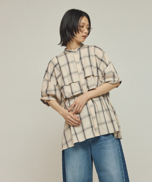 Firsthand（ファーストハンド）の「Firsthand/ファーストハンド オンブレーチェック フレアヨークシャツ / 5分袖チェックシャツ（シャツ/ブラウス・レディース・ブラック/オフホワイト・FREE）」の17枚目の写真