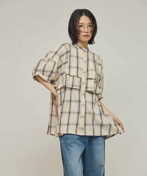 Firsthand（ファーストハンド）の「Firsthand/ファーストハンド オンブレーチェック フレアヨークシャツ / 5分袖チェックシャツ（シャツ/ブラウス・レディース・ブラック/オフホワイト・FREE）」の18枚目の写真