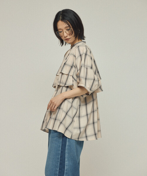 Firsthand（ファーストハンド）の「Firsthand/ファーストハンド オンブレーチェック フレアヨークシャツ / 5分袖チェックシャツ（シャツ/ブラウス・レディース・ブラック/オフホワイト・FREE）」の22枚目の写真