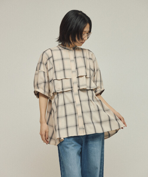 Firsthand（ファーストハンド）の「Firsthand/ファーストハンド オンブレーチェック フレアヨークシャツ / 5分袖チェックシャツ（シャツ/ブラウス・レディース・ブラック/オフホワイト・FREE）」の13枚目の写真