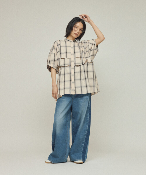 Firsthand（ファーストハンド）の「Firsthand/ファーストハンド オンブレーチェック フレアヨークシャツ / 5分袖チェックシャツ（シャツ/ブラウス・レディース・ブラック/オフホワイト・FREE）」の6枚目の写真