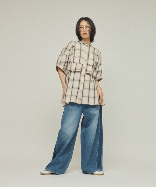 Firsthand（ファーストハンド）の「Firsthand/ファーストハンド オンブレーチェック フレアヨークシャツ / 5分袖チェックシャツ（シャツ/ブラウス・レディース・ブラック/オフホワイト・FREE）」の7枚目の写真