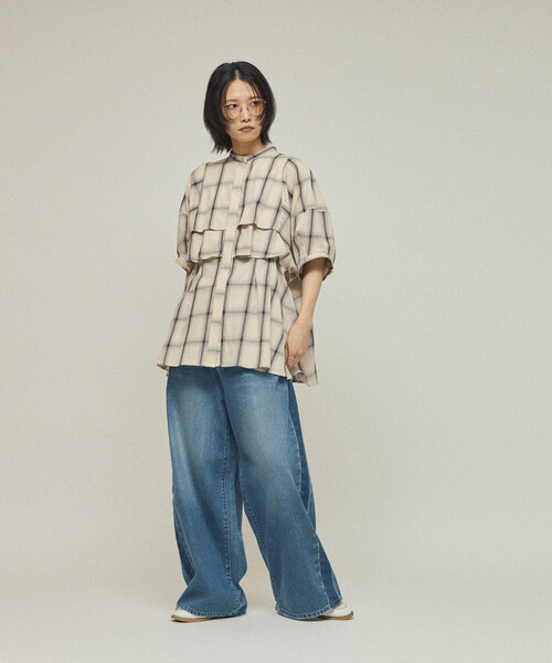 Firsthand（ファーストハンド）の「Firsthand/ファーストハンド オンブレーチェック フレアヨークシャツ / 5分袖チェックシャツ（シャツ/ブラウス・レディース・ブラック/オフホワイト・FREE）」の14枚目の写真