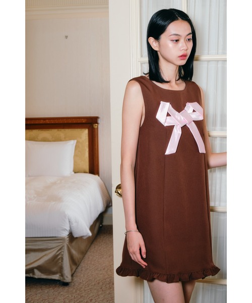 Smyeon(スミョン)の「Ribbon dress/サテンリボンワンピース(ワンピース・レディース・ネイビー/ブラウン/ブラック・FREE)」の1枚目の写真