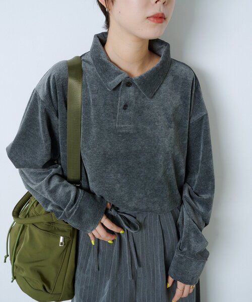 WHIMSIC（ウィムジック）の「【UNISEX】ベロアポロシャツ（ポロシャツ・レディース・ネイビー/チャコールグレー・FREE）」の2枚目の写真