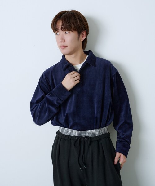 WHIMSIC（ウィムジック）の「【UNISEX】ベロアポロシャツ（ポロシャツ・レディース・ネイビー/チャコールグレー・FREE）」の7枚目の写真