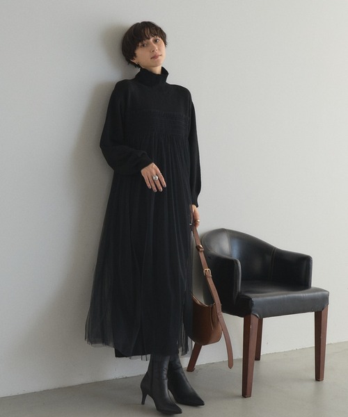 最終お値下げ　新品未使用　obli チュールニットワンピース セール】【ZOZO限定】チュールレイヤードニットワンピース（ワンピース