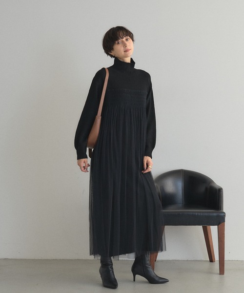 ラスト1点　ノーソーイングニット　チュールモチーフ　ブラック ZOZO限定】チュールレイヤードニットワンピース（ワンピース