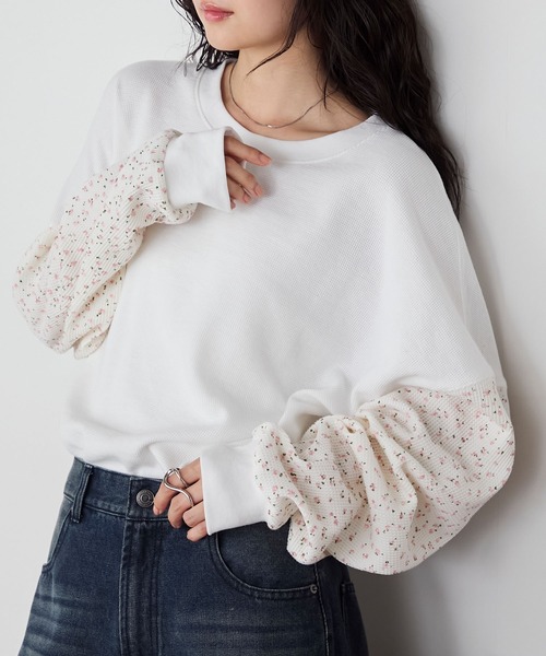 【forksy.】小花柄袖切り替えワッフルロンT