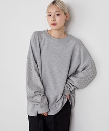 【forksy.】小花柄袖切り替えワッフルロンTグレー系