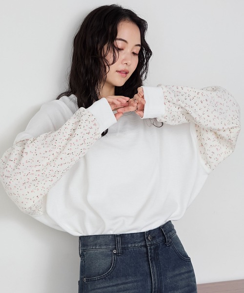 forksy.】小花柄袖切り替えワッフルロンT forksy.│MONO-MART