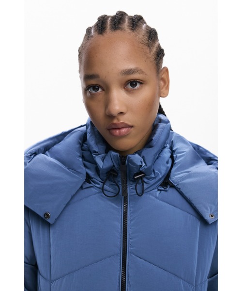 セール】イリデセント中綿ショートジャケット ブルー ミドル丈（ダウン