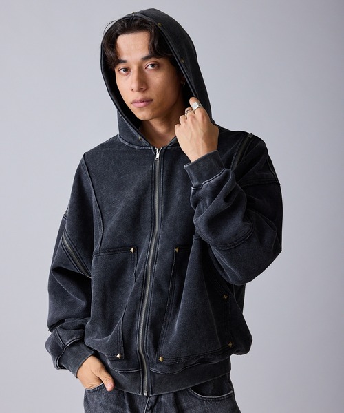 Theater code(シアターコード)の「Diamond Rivet Detachable Sleeve Design Zip-Up Hoodie / ひし形リベット付き デタッチャブルスリーブデザインジップパーカー 2026年 夏 夏服メンズ(パーカー・メンズ・ブラック/グレー・L/M)」の18枚目の写真