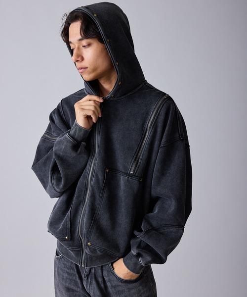 Theater code(シアターコード)の「Diamond Rivet Detachable Sleeve Design Zip-Up Hoodie / ひし形リベット付き デタッチャブルスリーブデザインジップパーカー 2026年 夏 夏服メンズ(パーカー・メンズ・ブラック/グレー・L/M)」の19枚目の写真